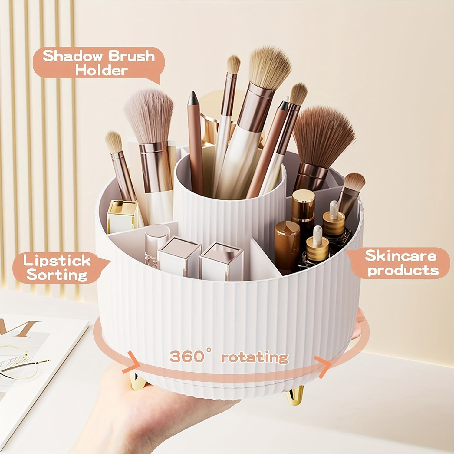Makeup Brush Organizer with 360° Rotation and 5 Compartments Hypoallergenic Plastic Storage Box
