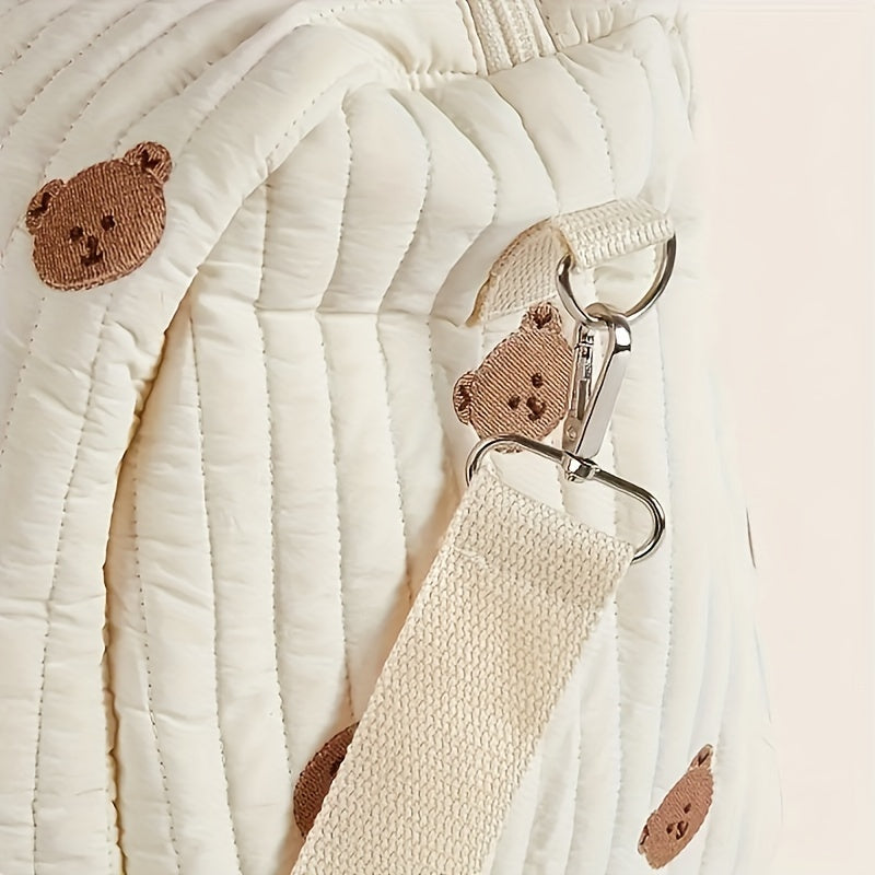 White Floral Embroidered Diaper Bag with Bear Face Patches for Parents