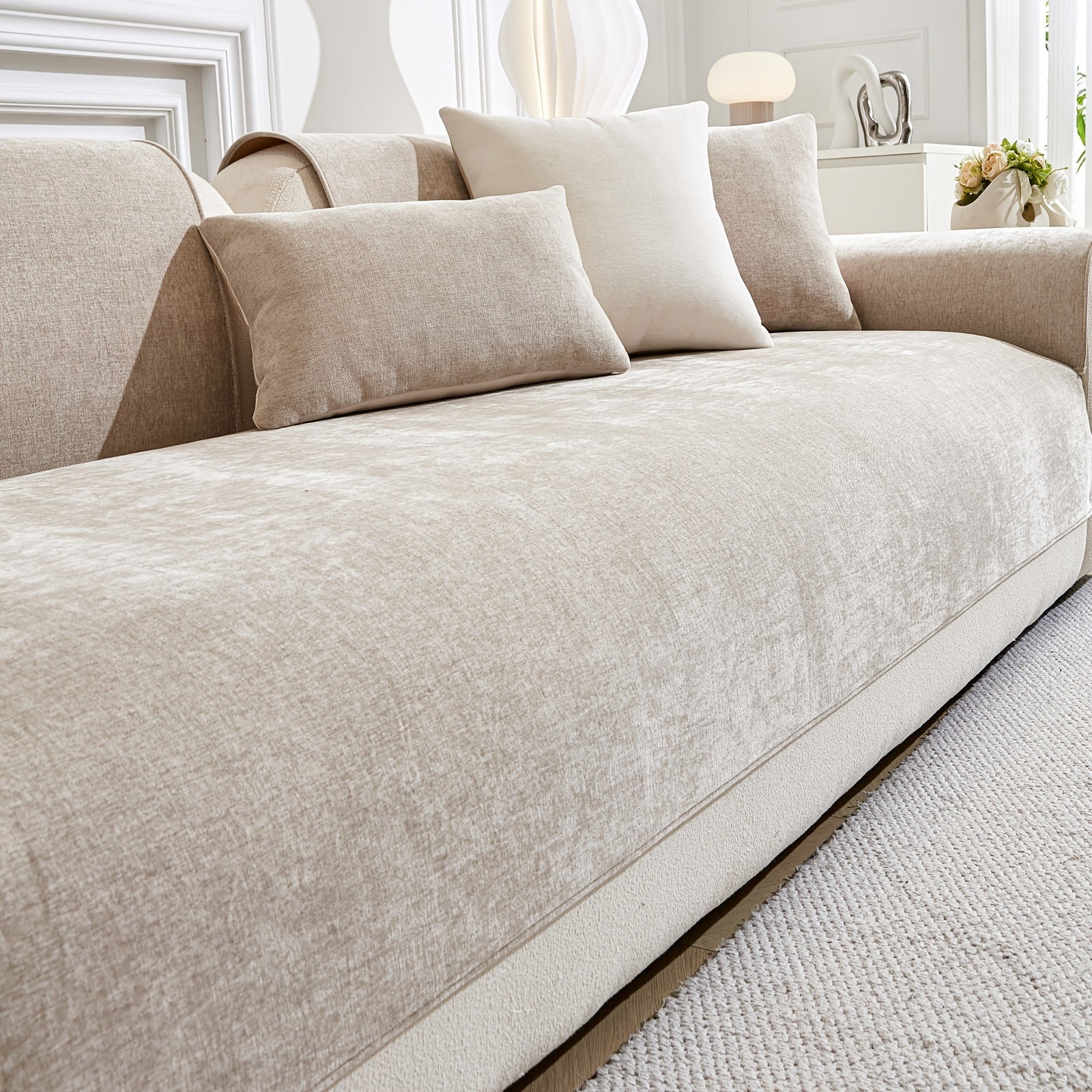 Chenille Sofa Cover Non-Slip Pet-Friendly All Seasons Fits 1-4 Seaters Light Beige
