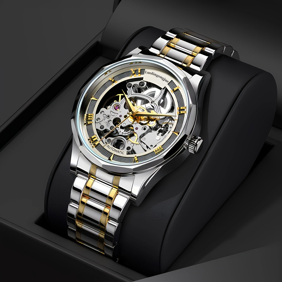 Men's Mechanical Watch Stainless Steel Strap Hollow Dial Casual Automatic Self-Winding