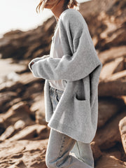 Кардиган для женщин больших размеров с длинными рукавами, открытая передняя часть, карманы, осень-зима, дышащий трикотаж