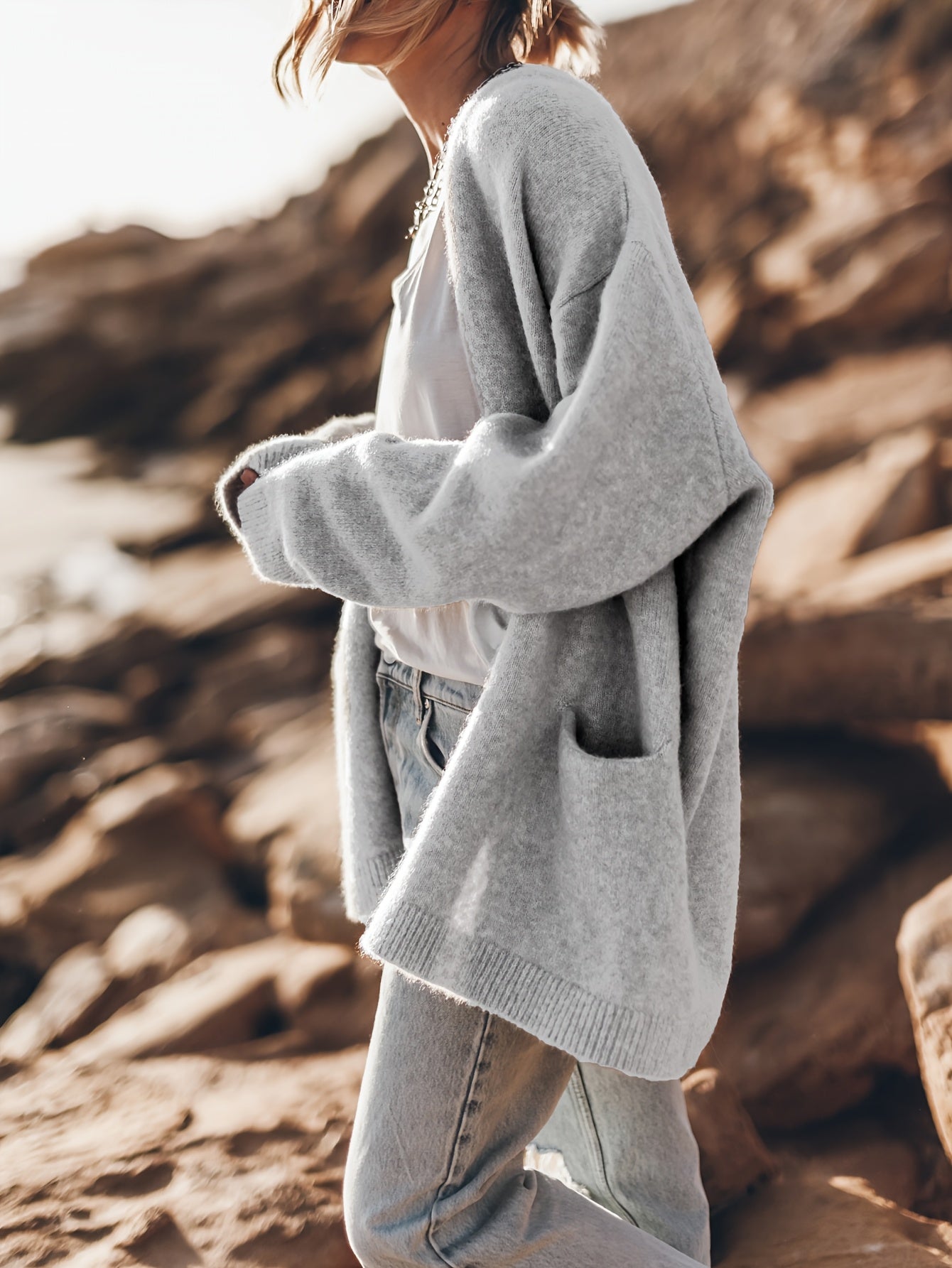 Кардиган для женщин больших размеров с длинными рукавами, открытая передняя часть, карманы, осень-зима, дышащий трикотаж