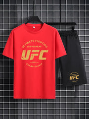 Men's Plus Size Casual Sportswear Set with Printed T‑Shirt and Drawstring Shorts