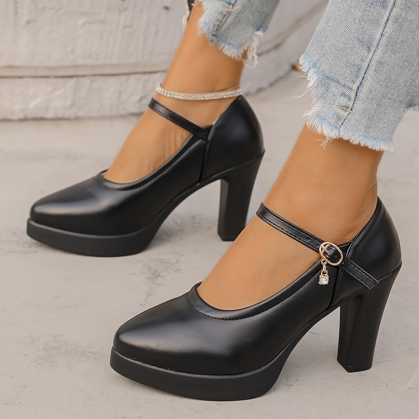 Women's Black Synthetic Pointed-Toe Block Heel Mary Jane Pumps for Office and Formal Events