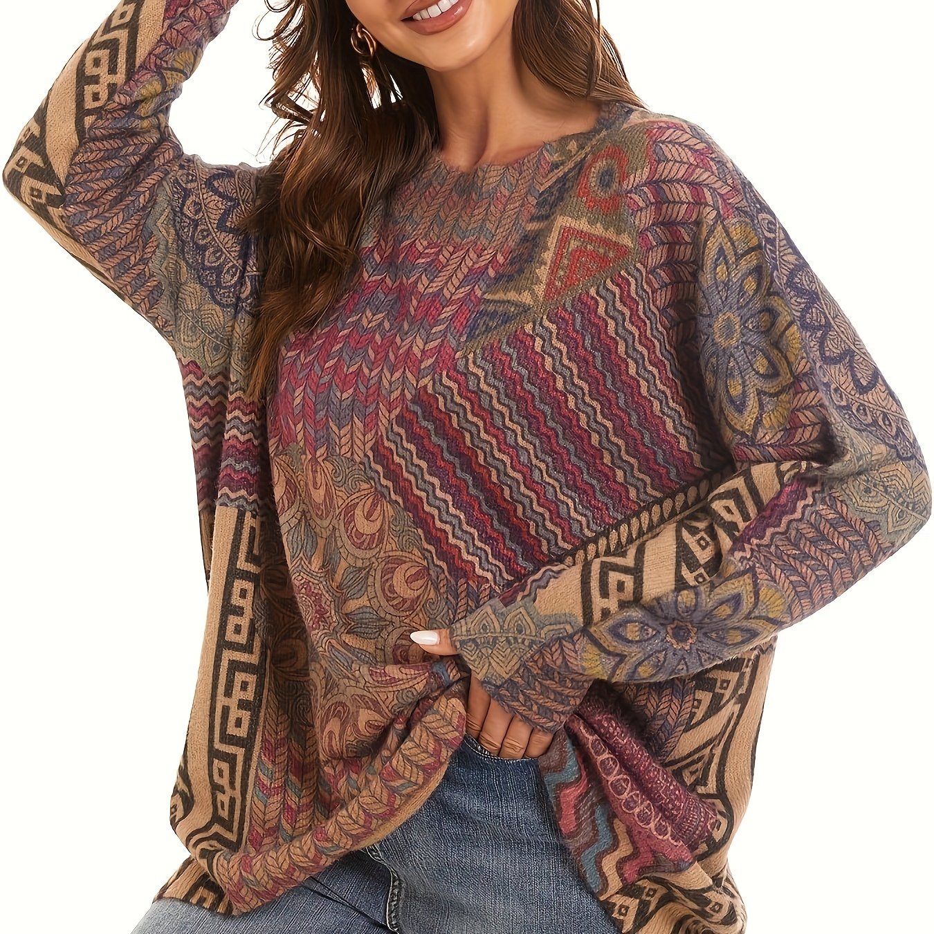 Gul naqshli katta o'lchamdagi sviter kuz va qish uchun, ayollar uchun tasodifiy uzun qo'lqopli krujka uslubi