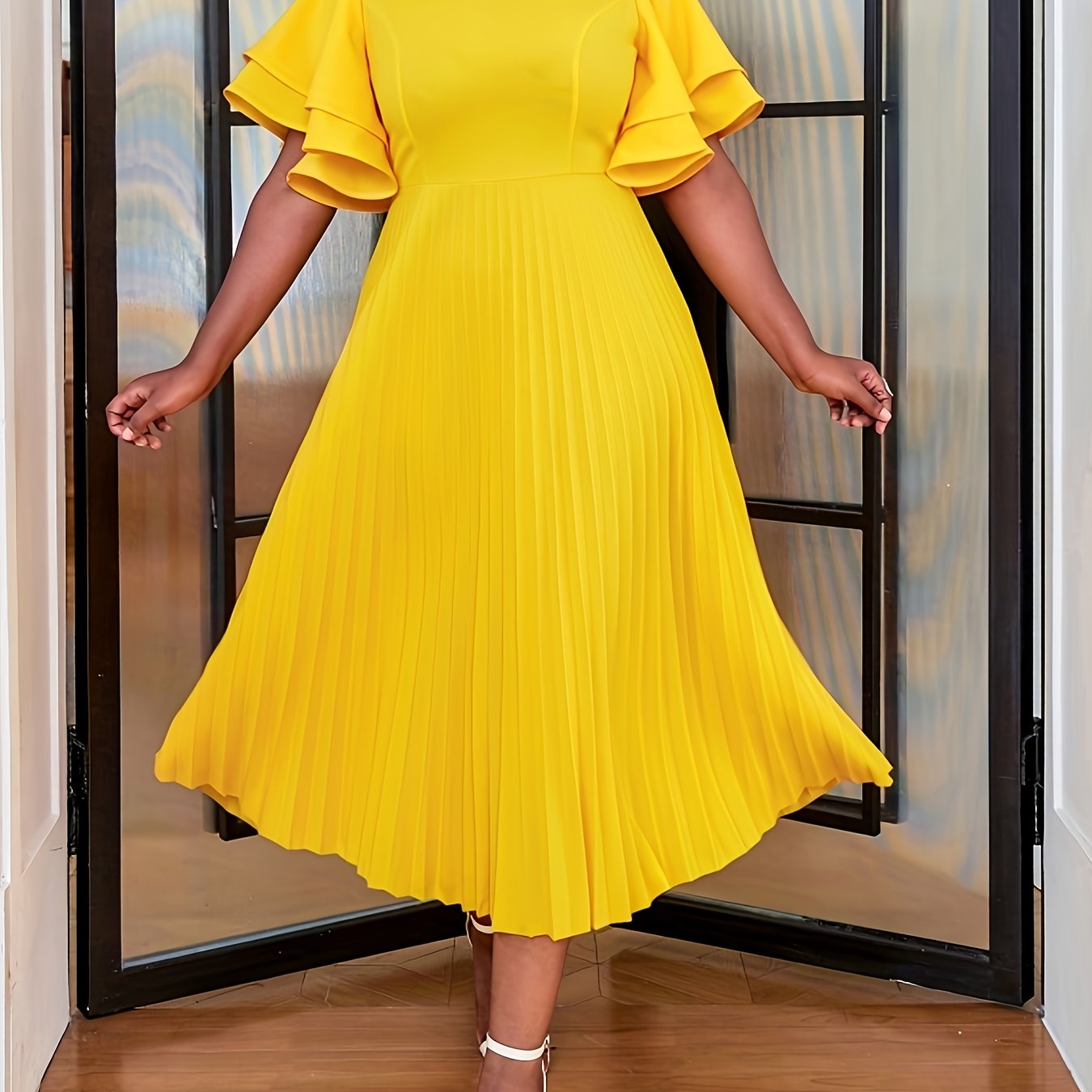 Women's Flare Sleeve Pleated Party Dress Solid Color A-Line Midi