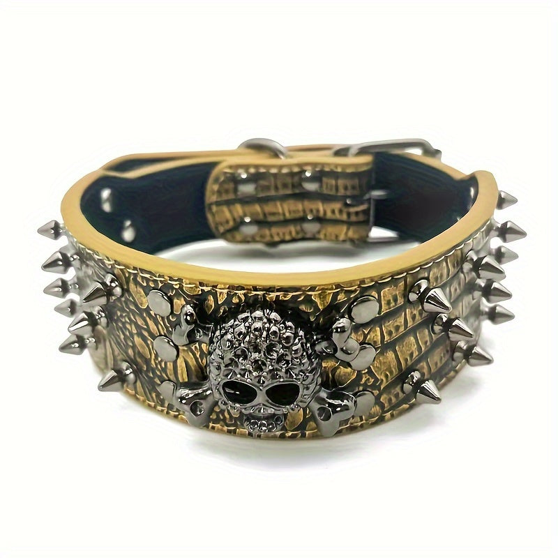 Leather Spiked Dog Collar with Bullet Rivets and Skull Design for Medium and Large Dogs