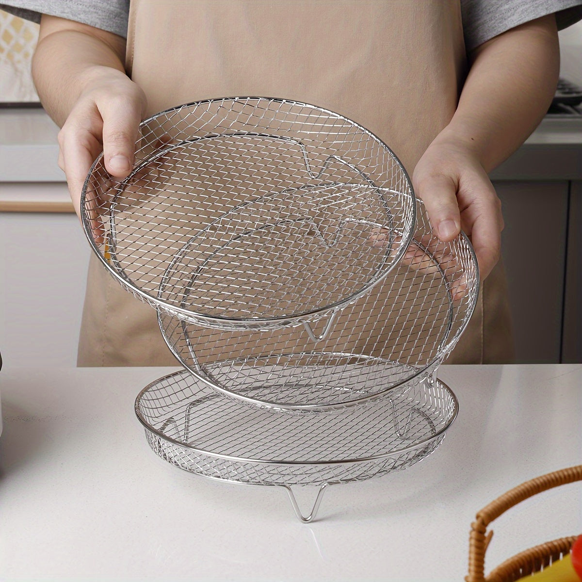 Stainless Steel Three-Layer French Fries Grill for Air Fryers Kitchen Accessory Set