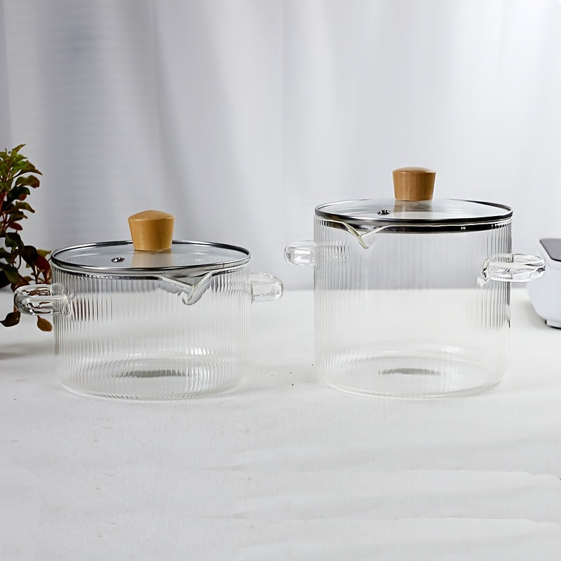 Retro uslubidagi ribbed shisha qozon, katta sig'imli, tekis pastki va issiqqa chidamli borosilikat materialdan - oshxonada sho'rva tayyorlash, sut qaynatish, bolalar ovqatini tayyorlash va makaron pishirish uchun ideal.