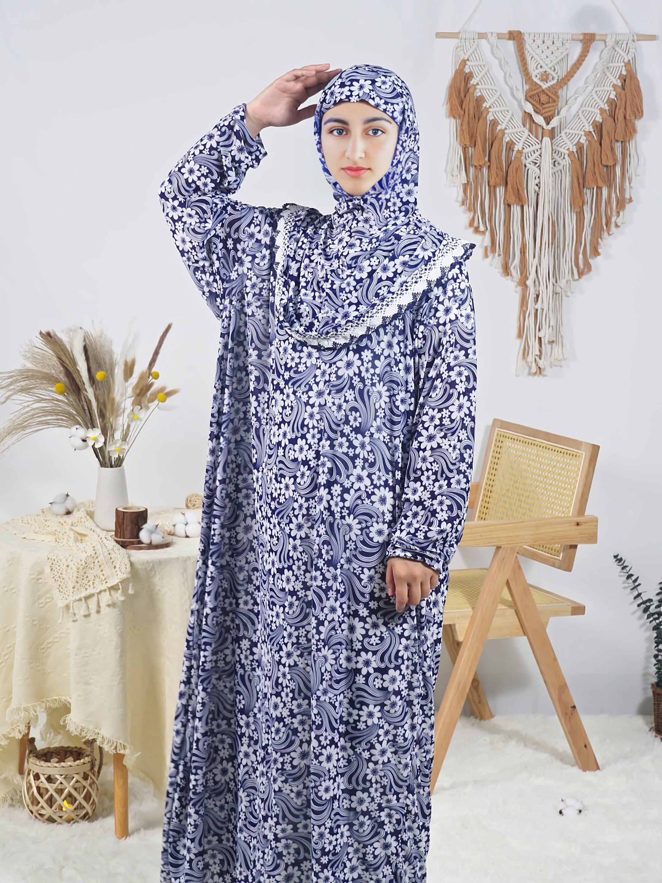 Women's Long Floral Print Loose Fit Robe Polyester Elastane Machine Washable for Ramadan