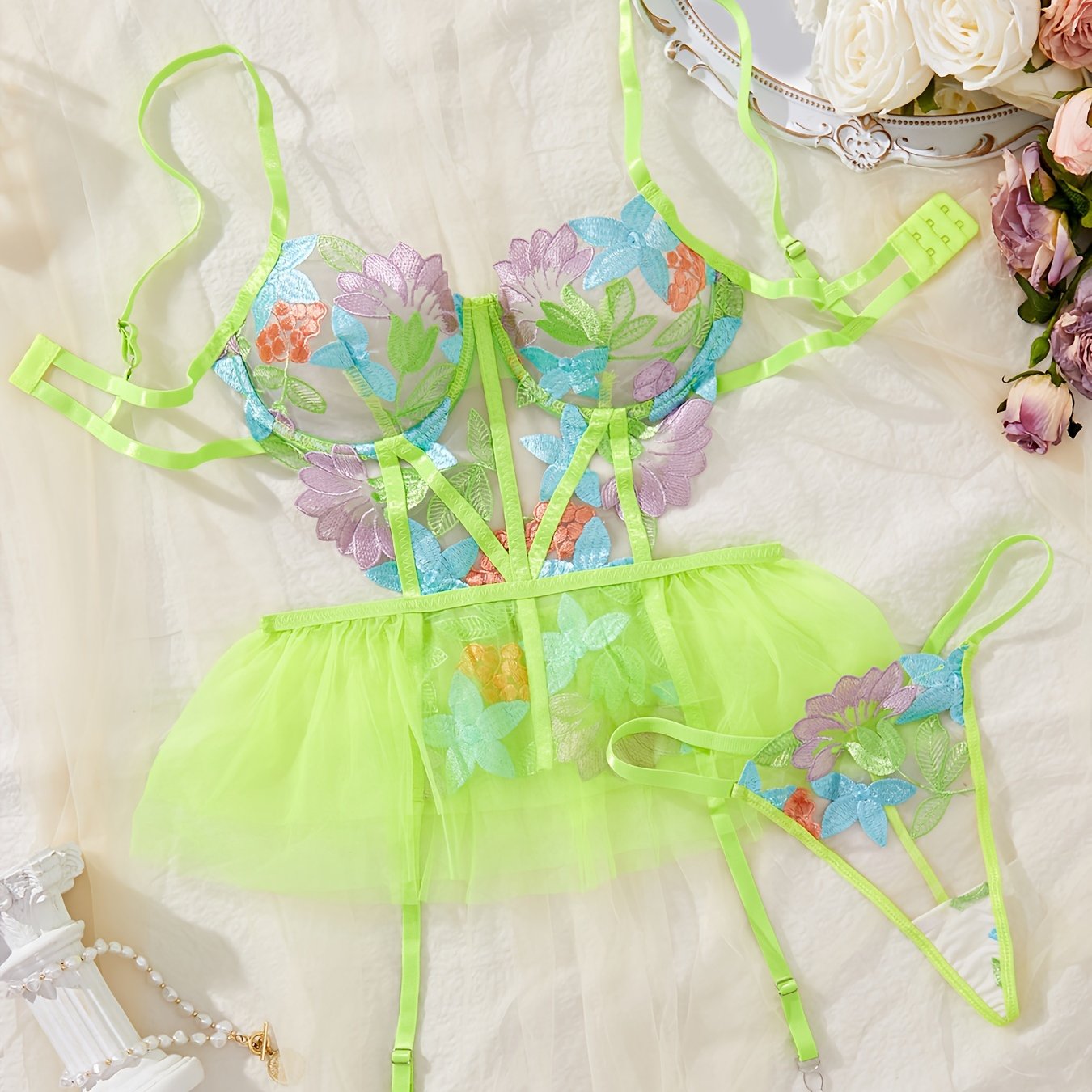 Women's Floral Embroidery Lingerie Set with Garter Belts and Thong