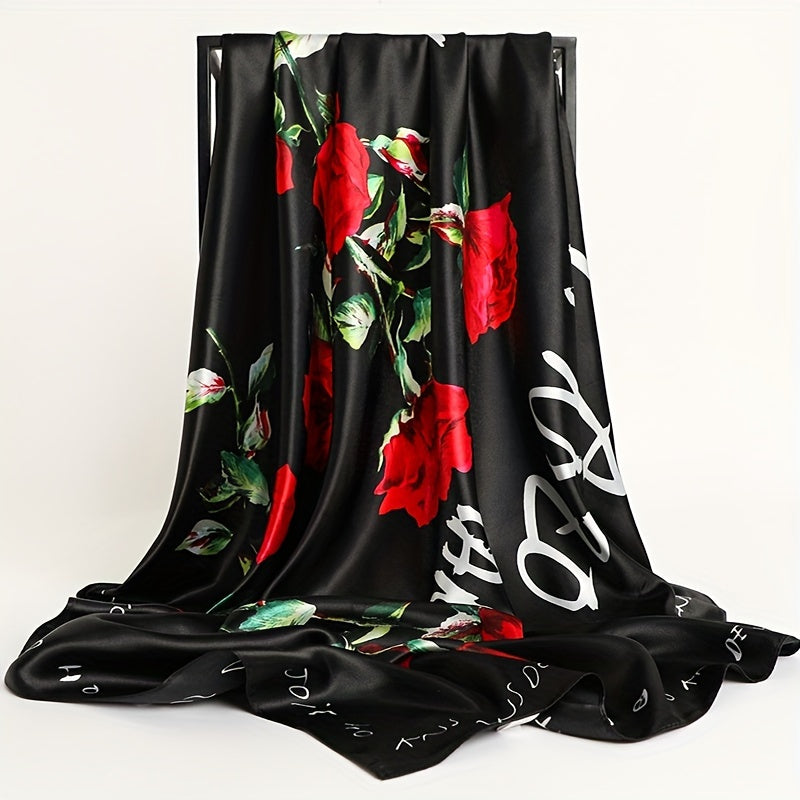 Women's Satin Flower Print Square Scarf 89.99cm Sun Protection Windproof Shawl