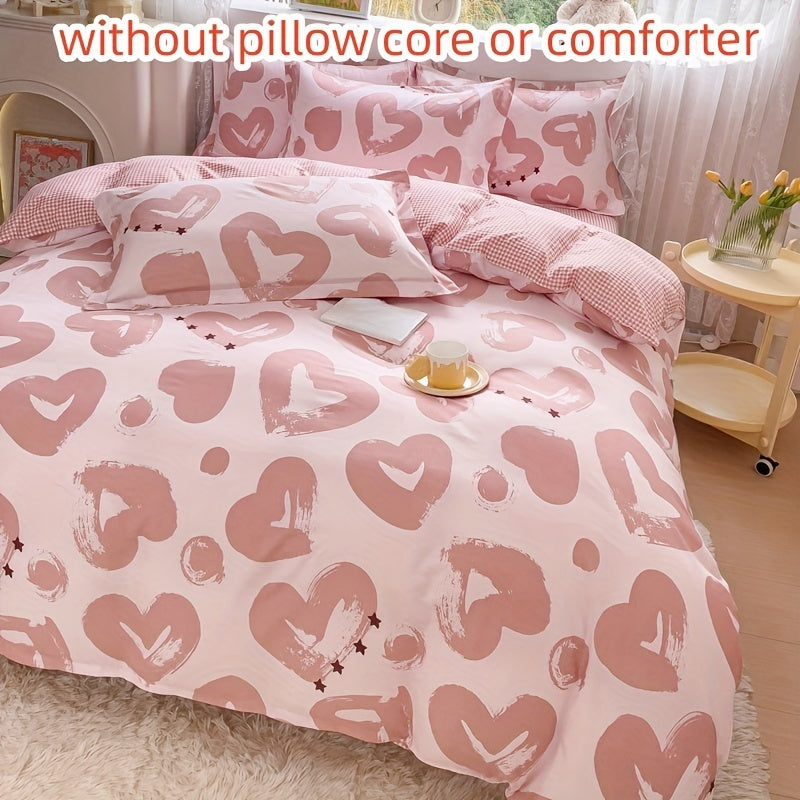 Pink Heart Print Duvet Cover Set 4 Pieces All-Season Bedding for Bedroom Guest Room