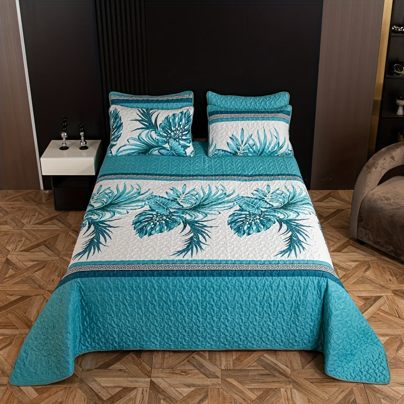 Tropical Palm Print Reversible Bedspread Set with 2 Pillowcases 3 Pieces Ultra Soft Polyester