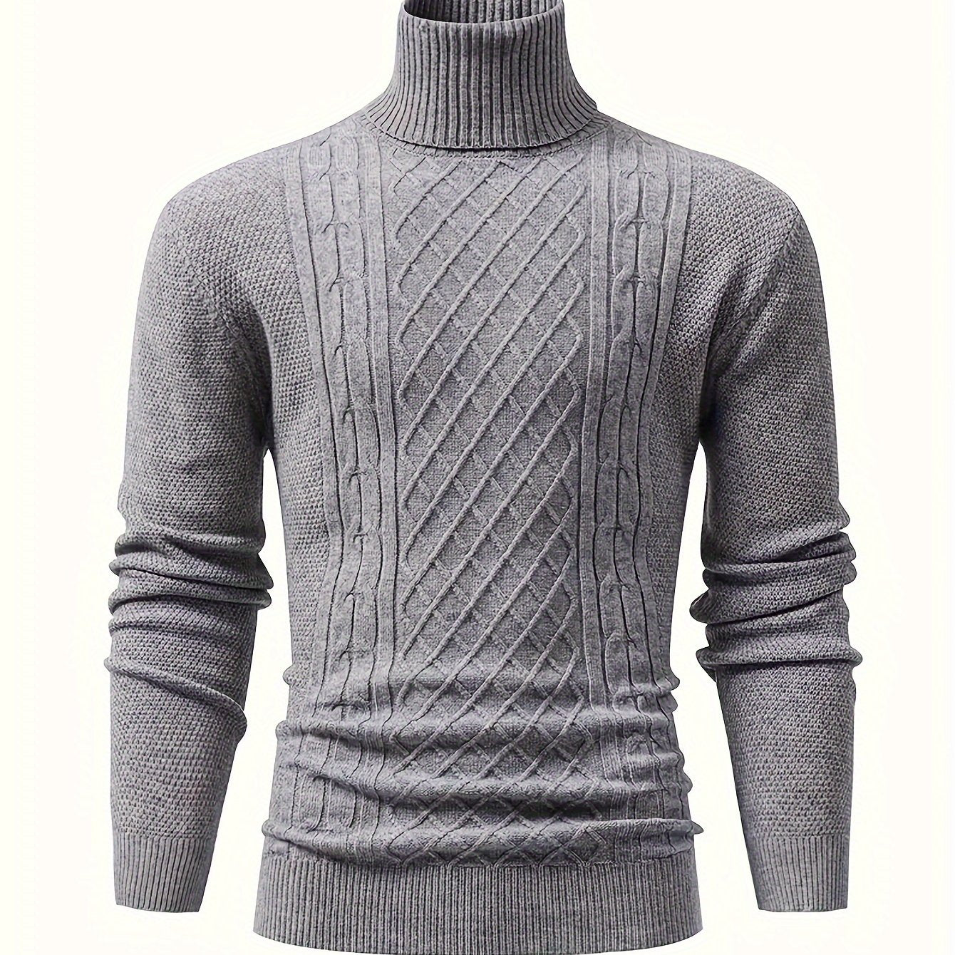 Men's Cable Knit Turtleneck Sweater Fall Winter Long Sleeve Solid Color Stretch Pullover