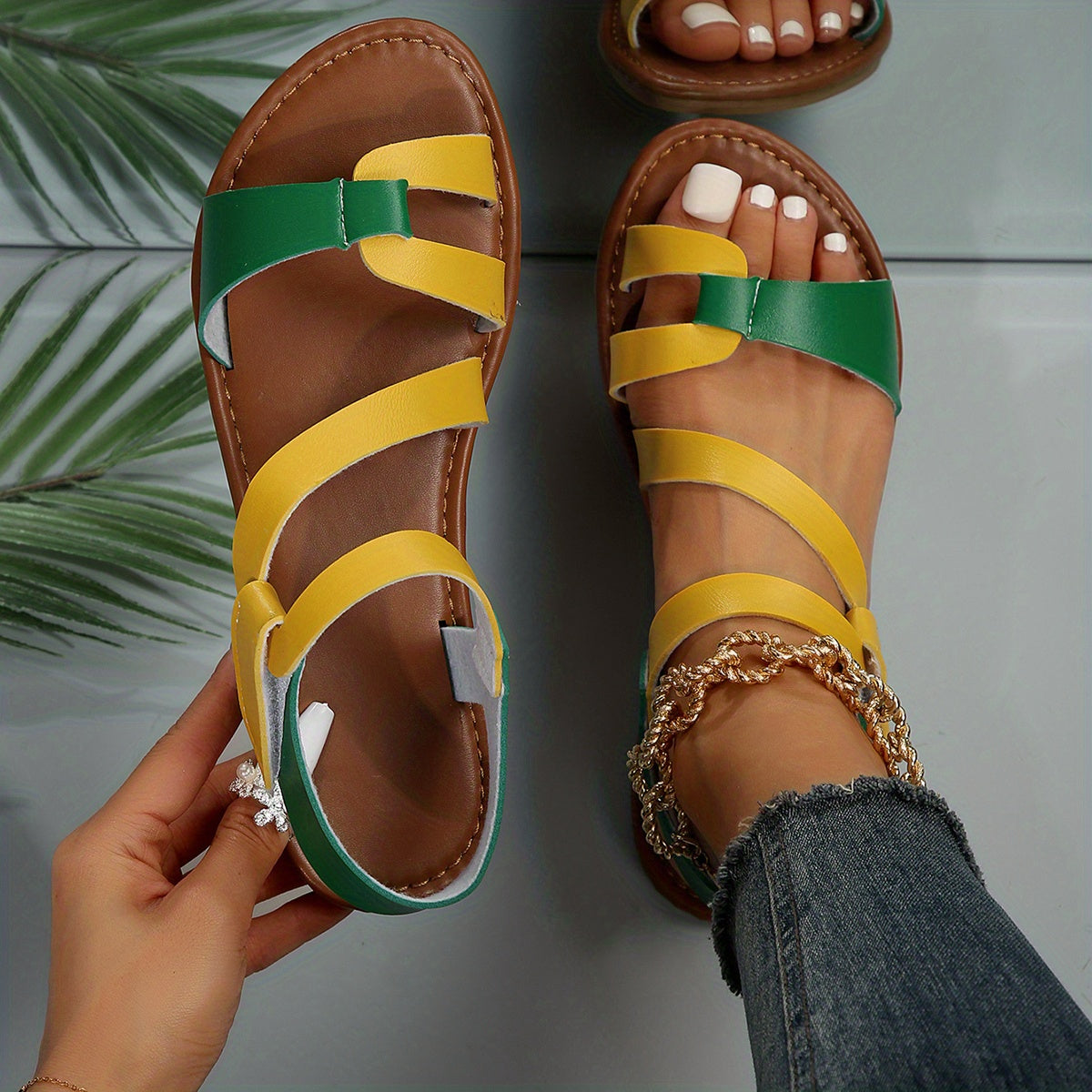 Women's Flat Sandals Contrast Color Open Toe Beach Summer Lightweight