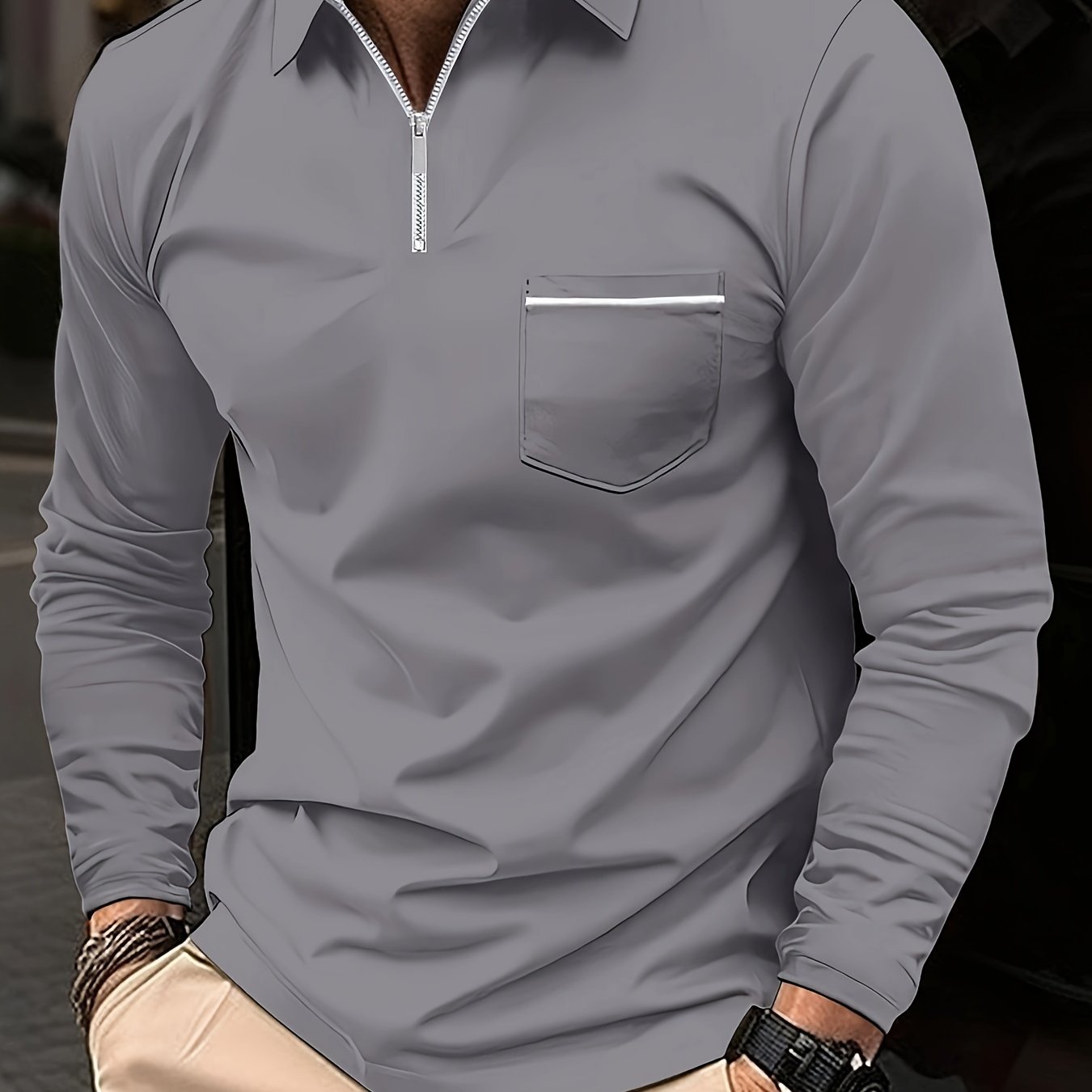 Men's Long Sleeve Solid Zipper Shirt with Lapel Collar and Chest Pocket for Spring Fall Outdoor Wear