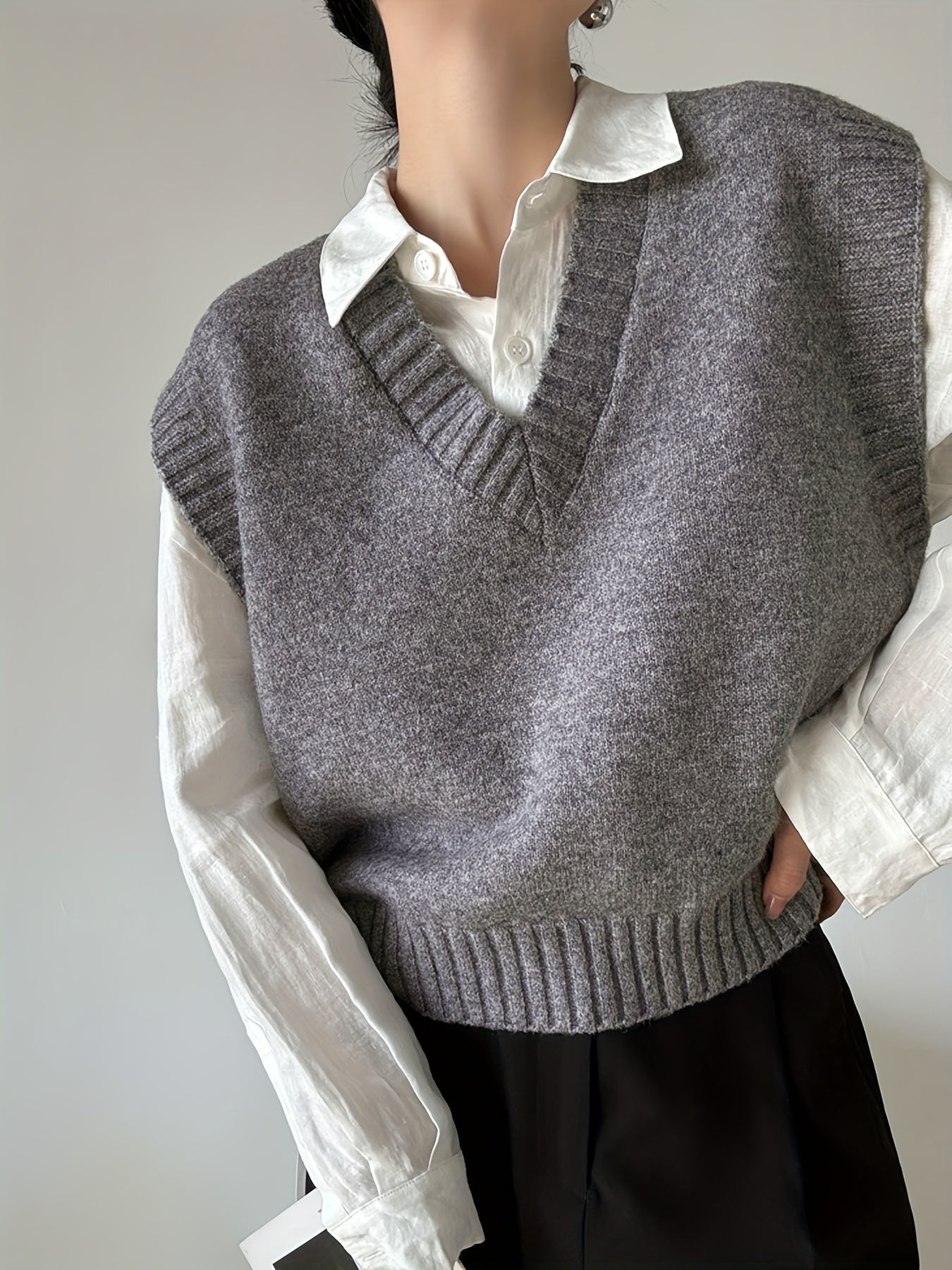 Chaleco de punto sólido sin mangas con escote en V para mujer, ideal para otoño e invierno