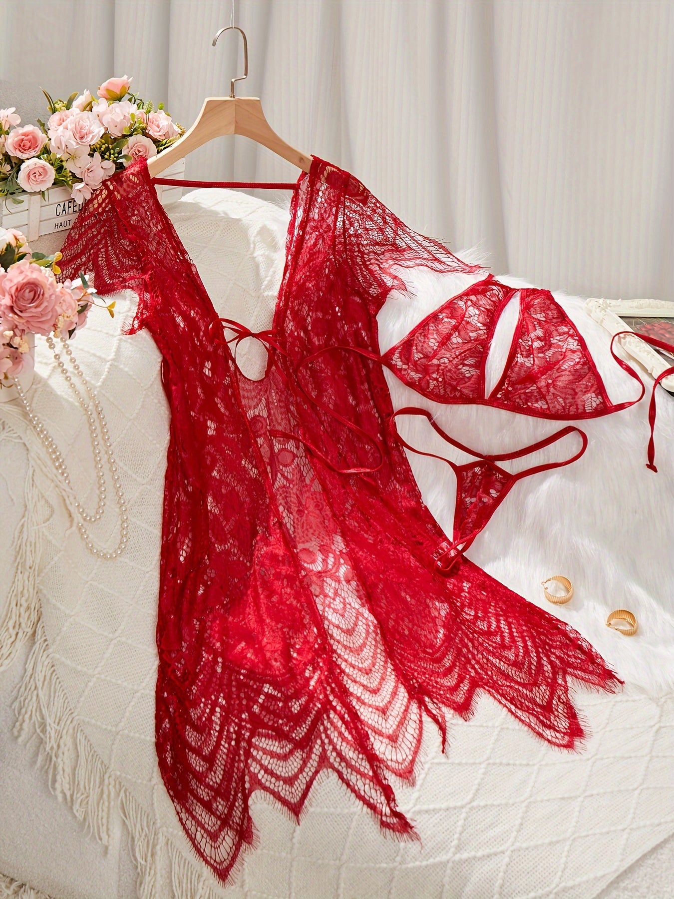 Women's Lace Lingerie Set with Belt, Cardigan, Bra and Thong