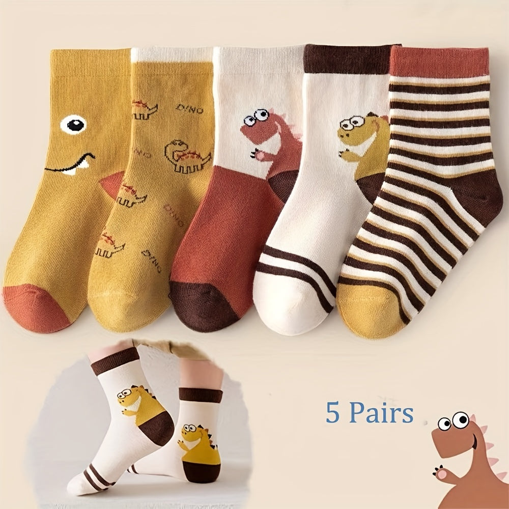 Boys' Cartoon Dinosaur Socks 5 Pairs Fall Winter Color Block Crew Socks