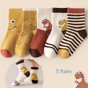 Boys' Cartoon Dinosaur Socks 5 Pairs Fall Winter Color Block Crew Socks