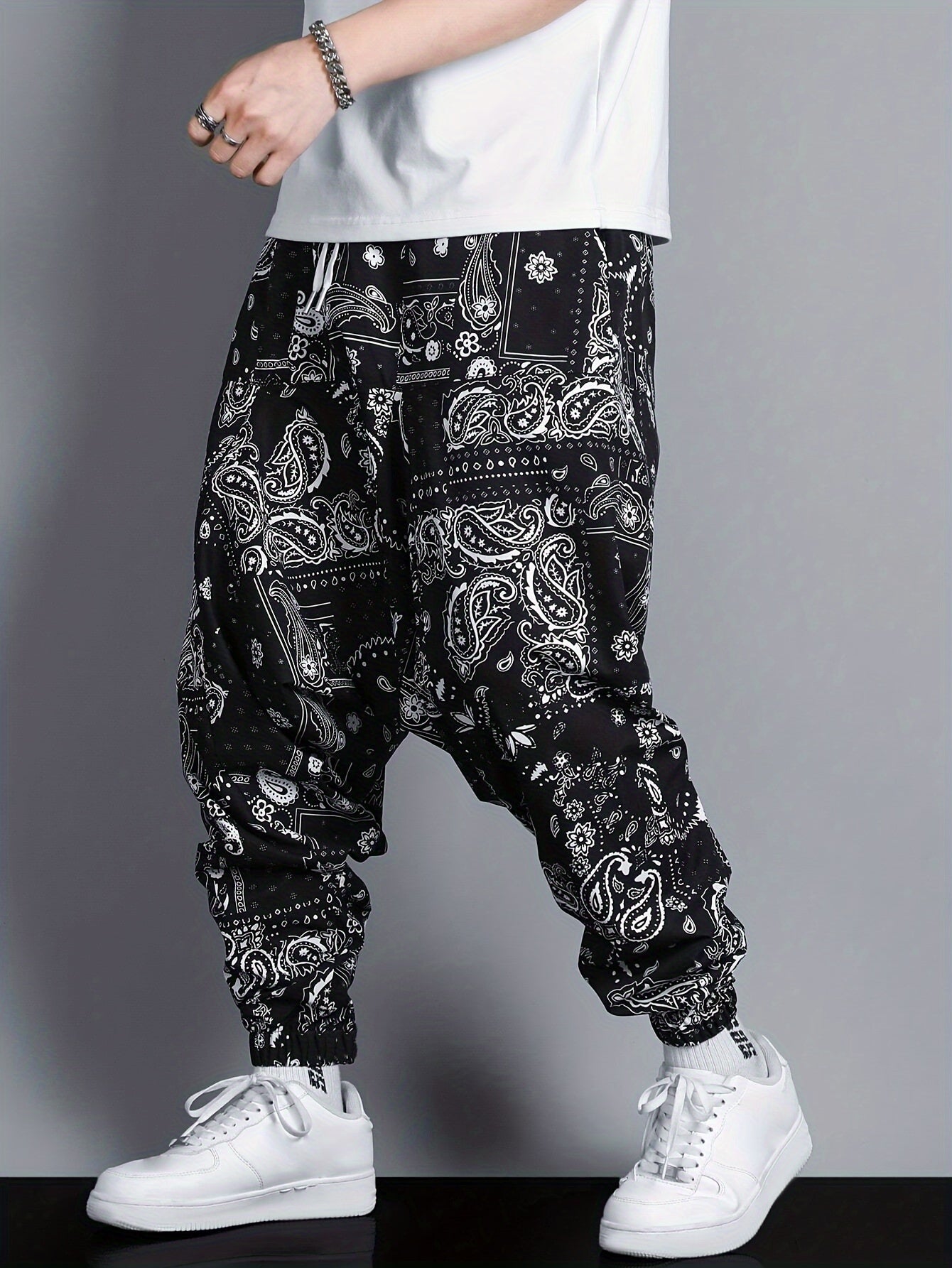Pantalones jogger oversize para hombre con estampado de patrón paisley en poliéster, ropa casual de calle