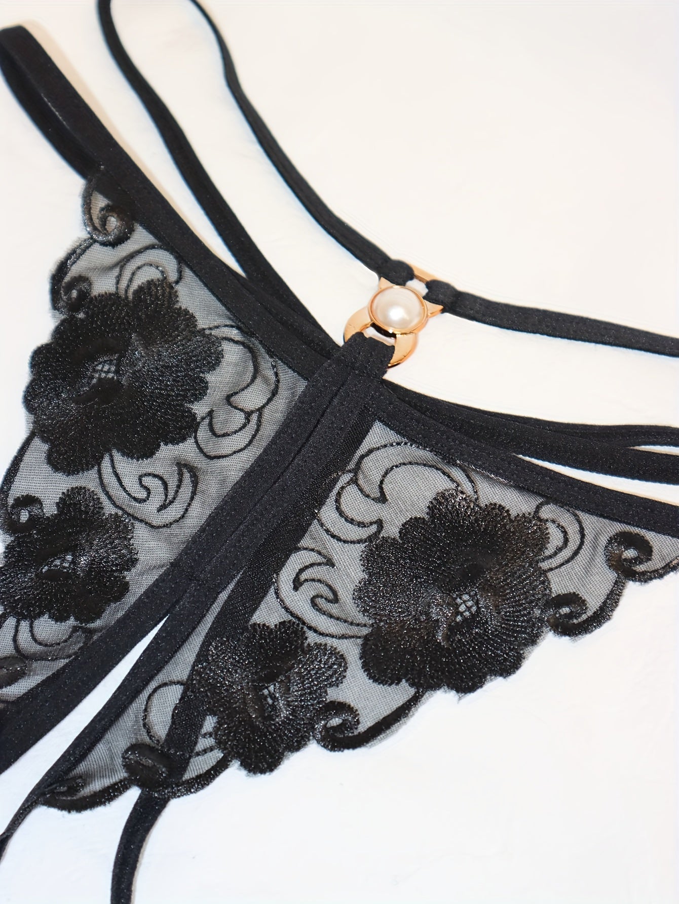 Women's Thong Lingerie with Embroidered Floral Design Made of Polyester Mesh