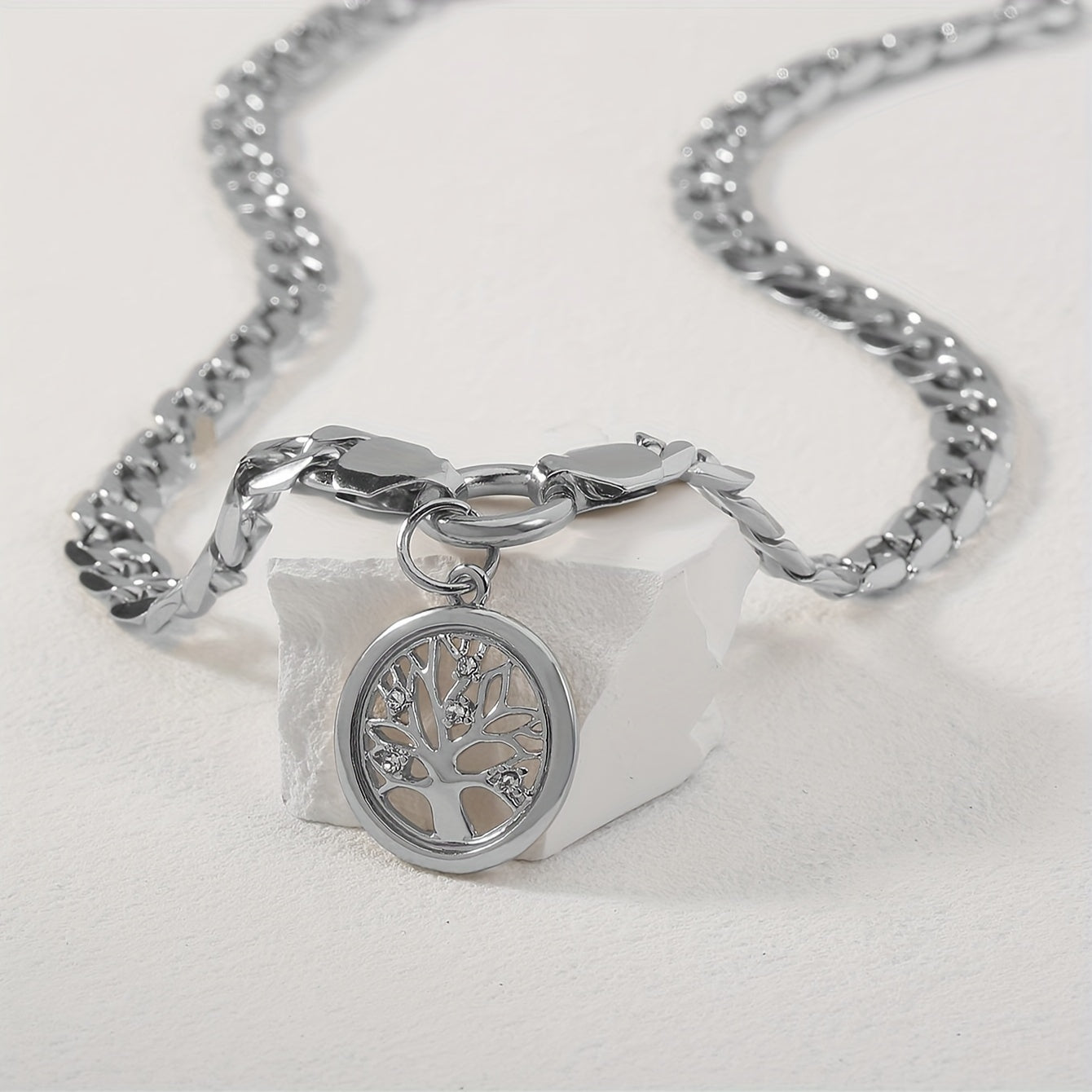 Set of 2 Layered Necklaces with Tree of Life Pendant and Cuban Link Chain