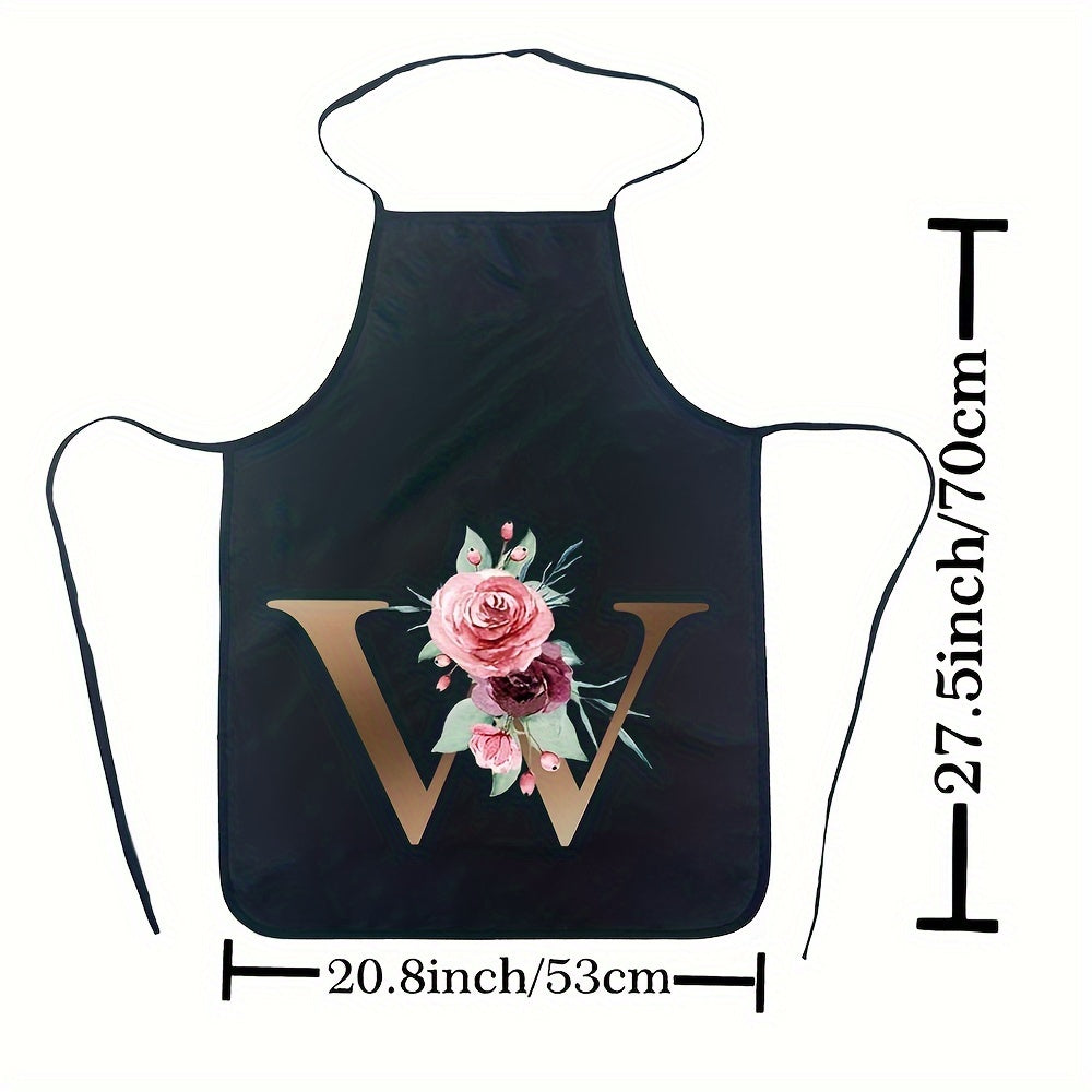 Women's Floral Polyester Kitchen Apron with Letter Print and Monogram