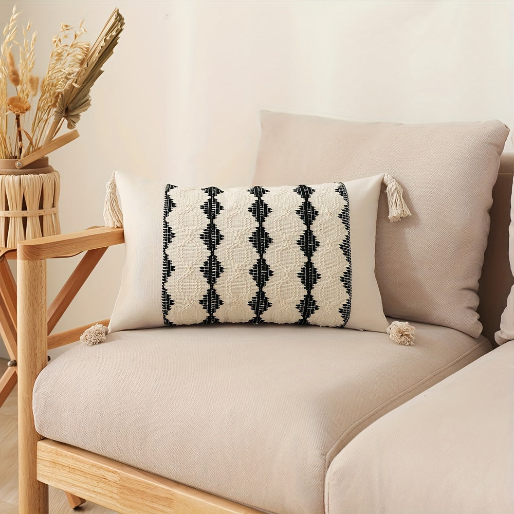 Bohemian Fringe Pillow Cover Geometric Pattern Orange Beige White Cushion Case for Sofa Decor