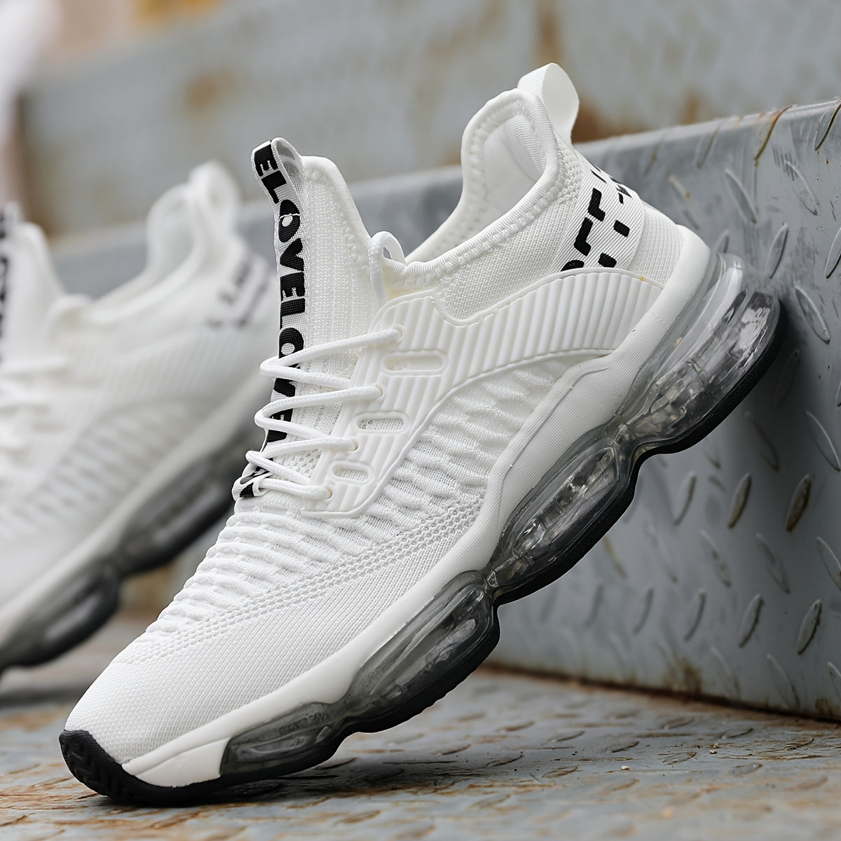 Men's Athletic Sneakers Beige Knit Fabric Air-Cushioned Sole Breathable Outdoor Lace-Up Round Toe