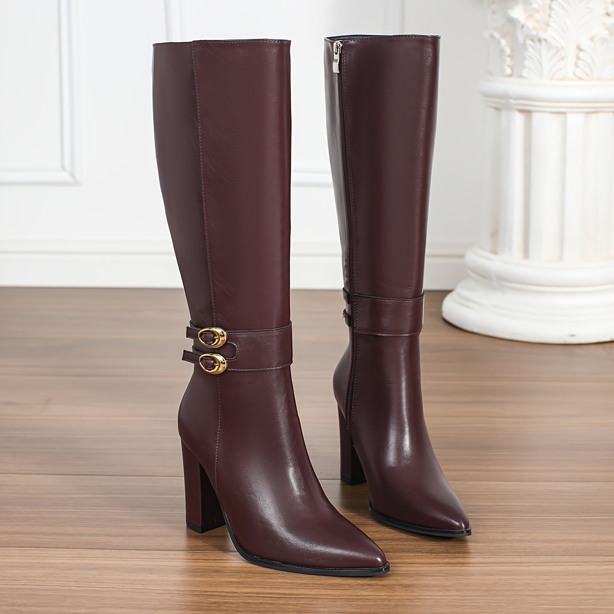 Women's Red Faux Leather Pointed Knee-High Boots Plus Size Winter