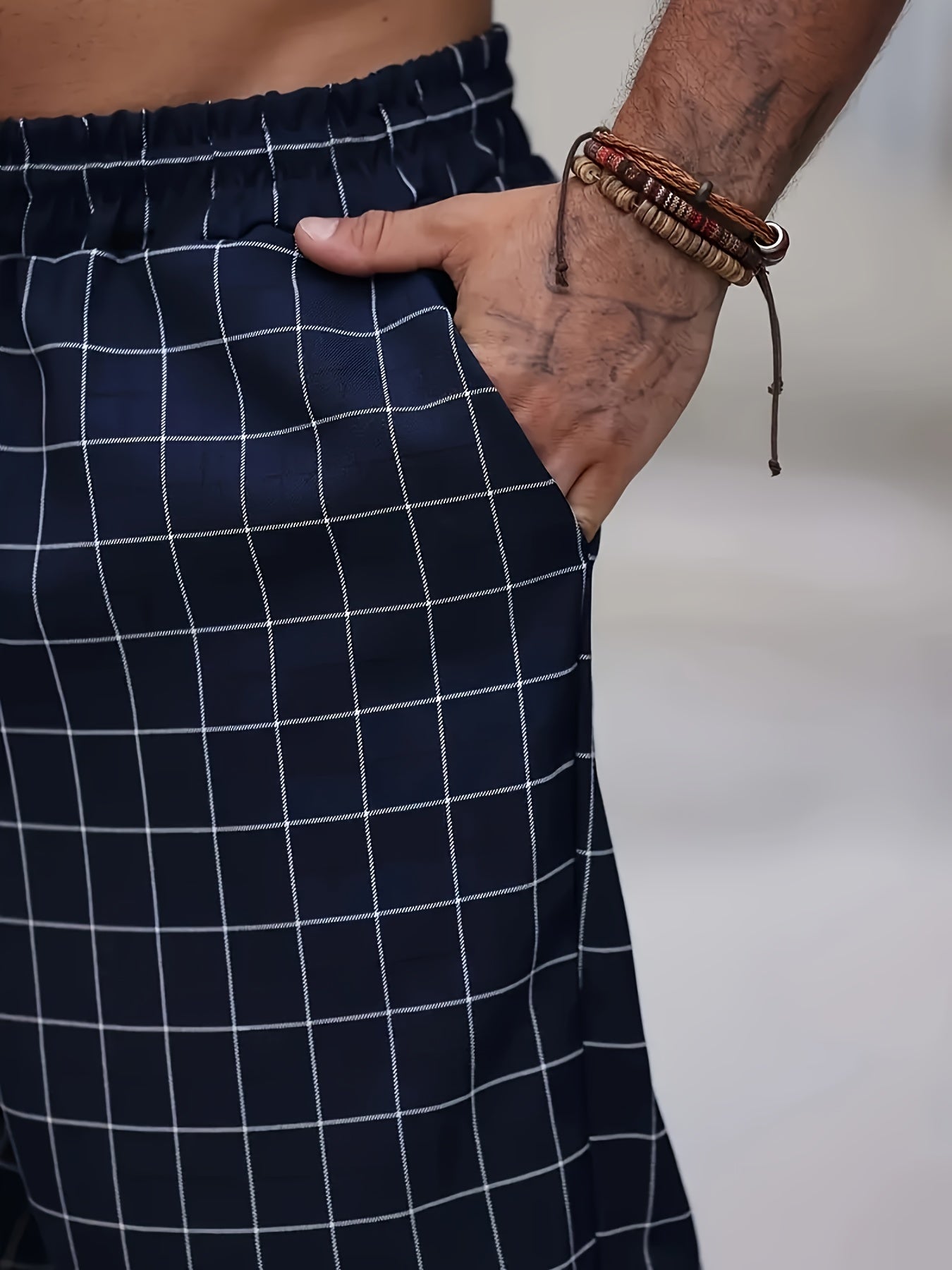 Pantalones jogger casual de cuadros de poliéster tejido de tamaño grande para hombre con cintura ajustable