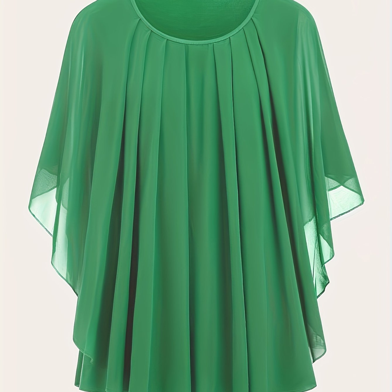 Plus Size Solid Pleated Batwing Sleeve Blouse with Crew Neck for Spring and Summer