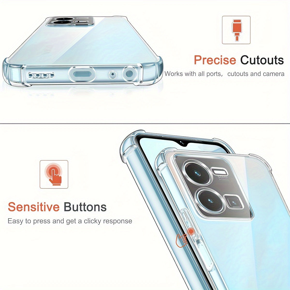 Clear Shockproof Bumper Phone Case for VIVO with Four Corner Airbags Transparent TPU Cover