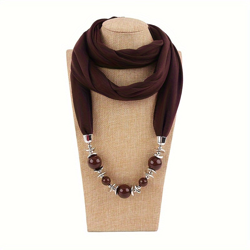 Women's Solid Color Infinity Scarf with Beaded Jewelry Necklace and Head Wrap