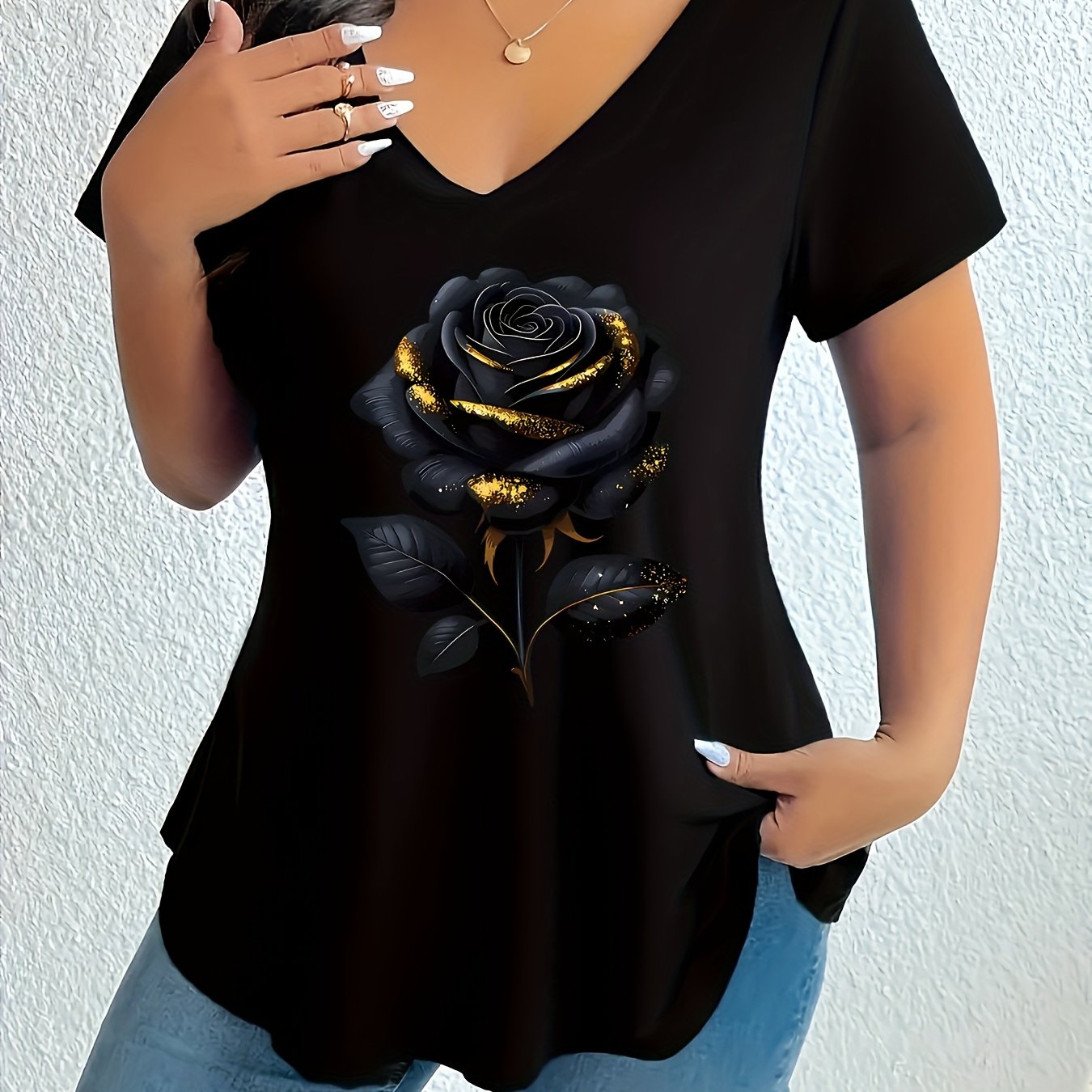 Plus Size Women's V-Neck T-Shirt with Gold Rose and Geometric Print Black Casual Short Sleeve