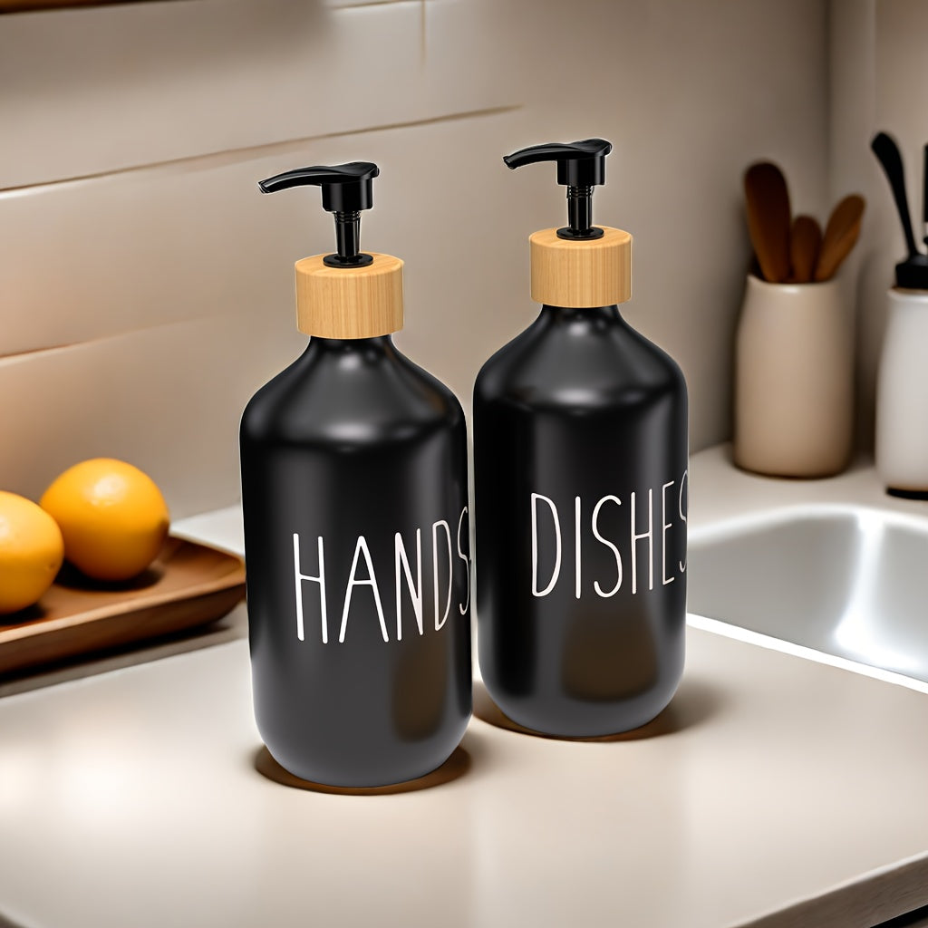 Set of 2 Refillable Soap Dispensers with Wooden Tray for Bathroom