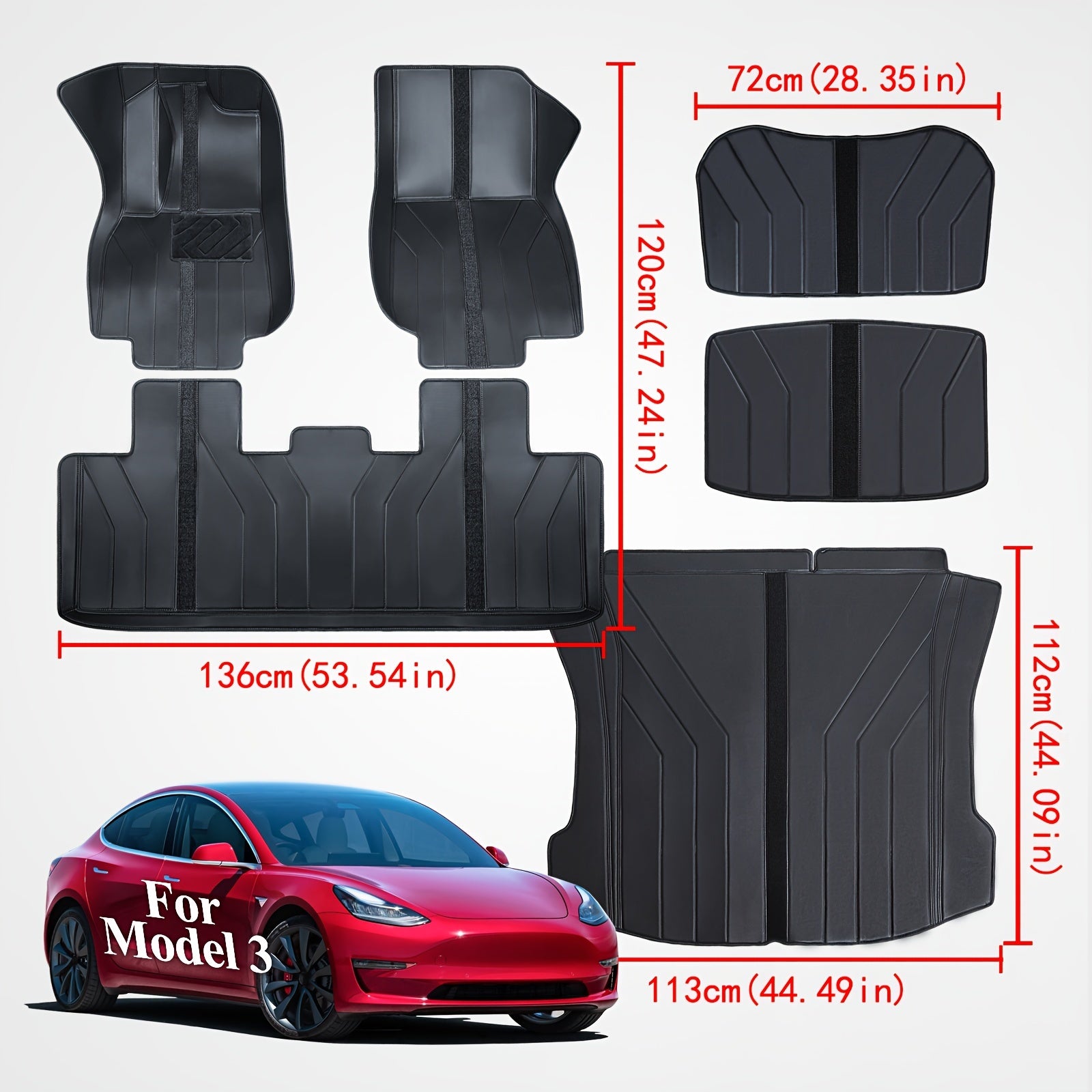 Car Floor Mats Set for Tesla Model 3 2020-2023 Non-Slip All-Weather 6 Pieces