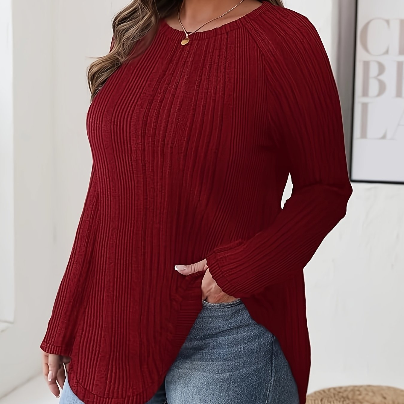 Women's Ribbed Sweater Long Sleeve Round Neck Pullover Solid Color Casual Top
