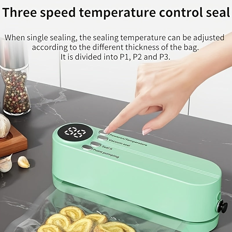 Portable Food Sealer Vacuum Sealer with Rechargeable Battery Light Green Compact Multifunctional for Food Preservation