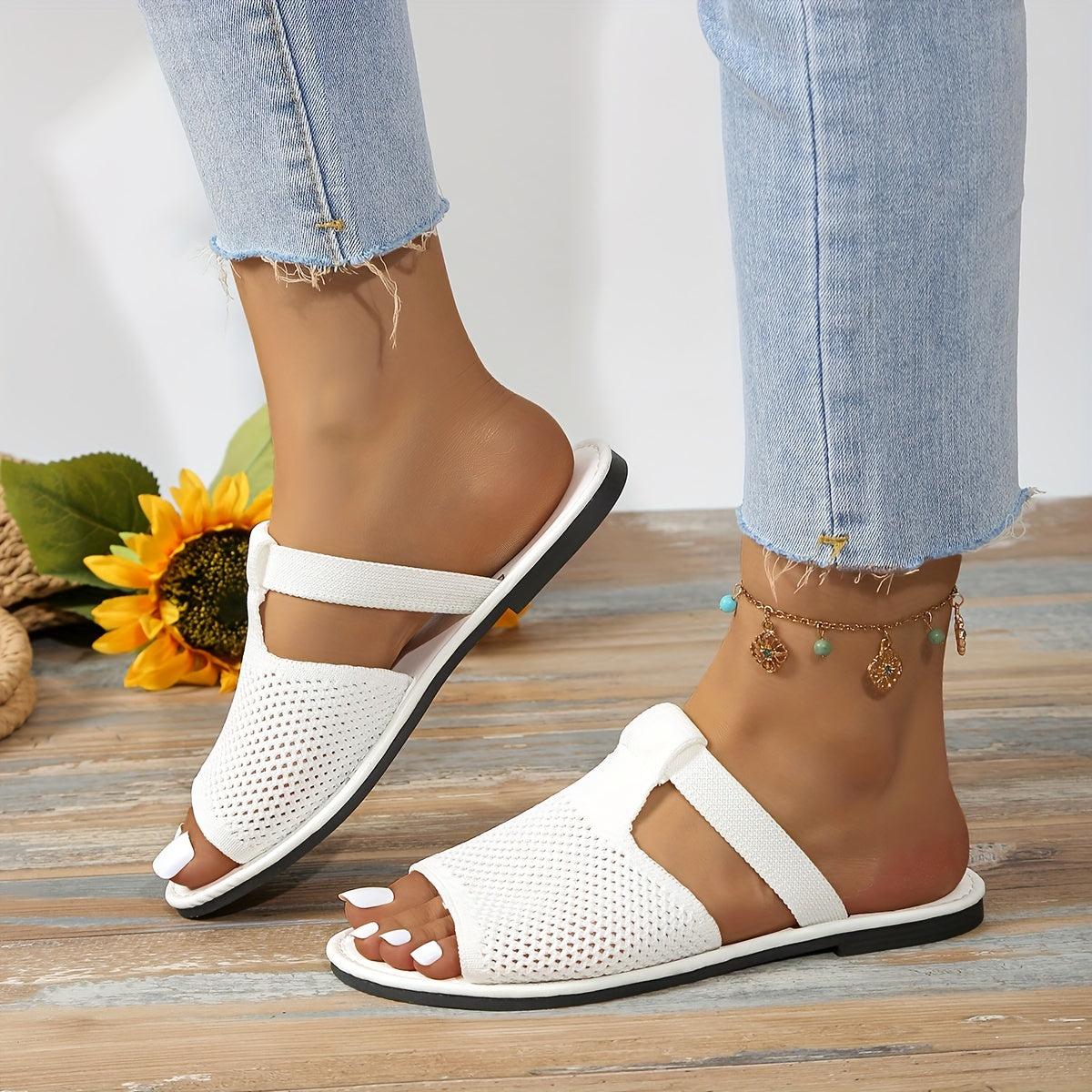 Women's Flat Knit Sandals Summer Slip-Resistant Lightweight Casual Beach Shoes