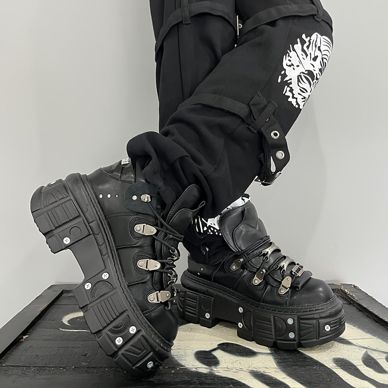 Women's Gothic Black High-Top Sneakers with Platform Heel Non-Slip Rubber Sole