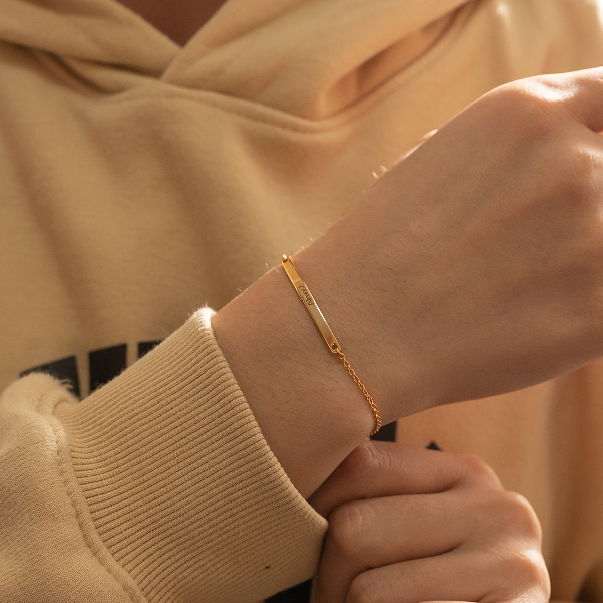 Women’s Stainless Steel Bracelet with 18K Gold Plating Custom Engraved Name for Gift