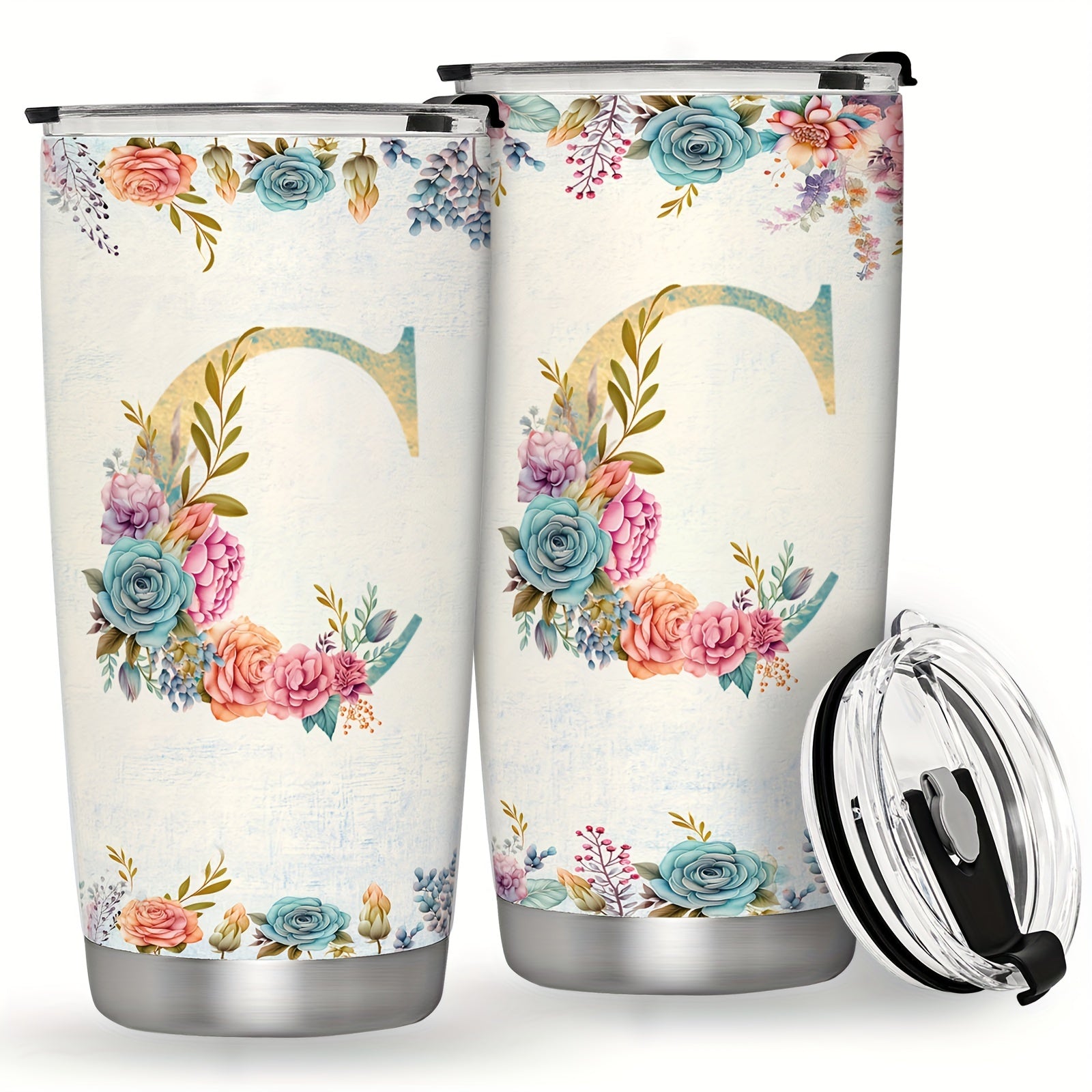 20oz Stainless Steel Tumbler with Monogram Floral Design Leak Proof Lid for Outdoor Use