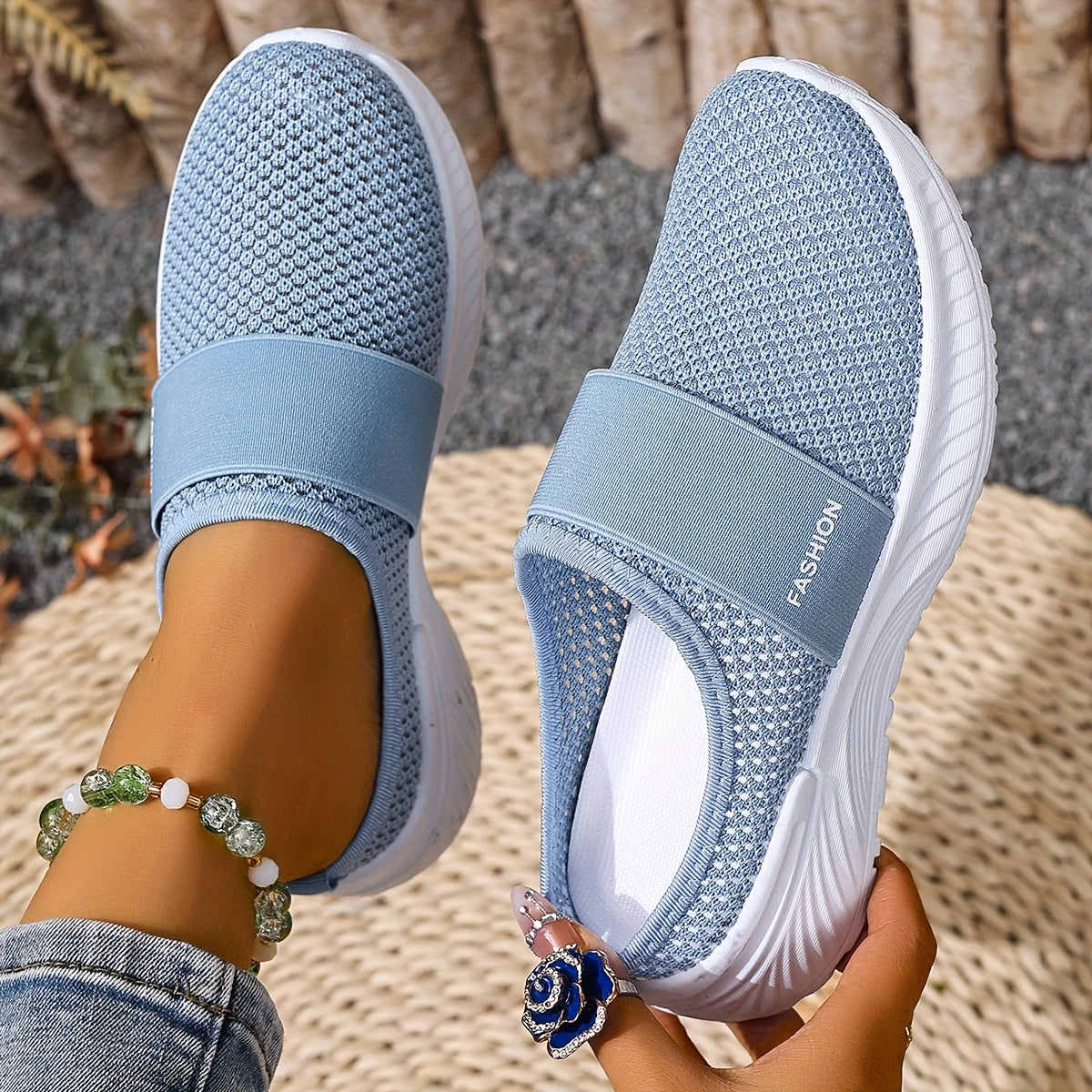 Women's Mesh Slip-On Sneakers White Black Casual Beach Summer Shoes
