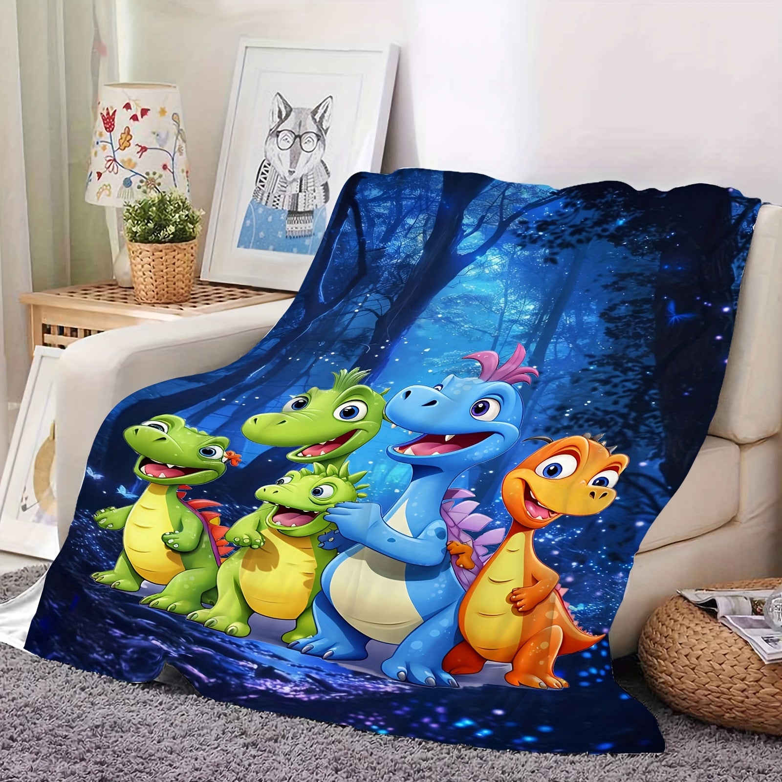 Dinosaur-Inspired Flannel Throw Blanket with Digital Print Knitted Polyester All-Season Lightweight