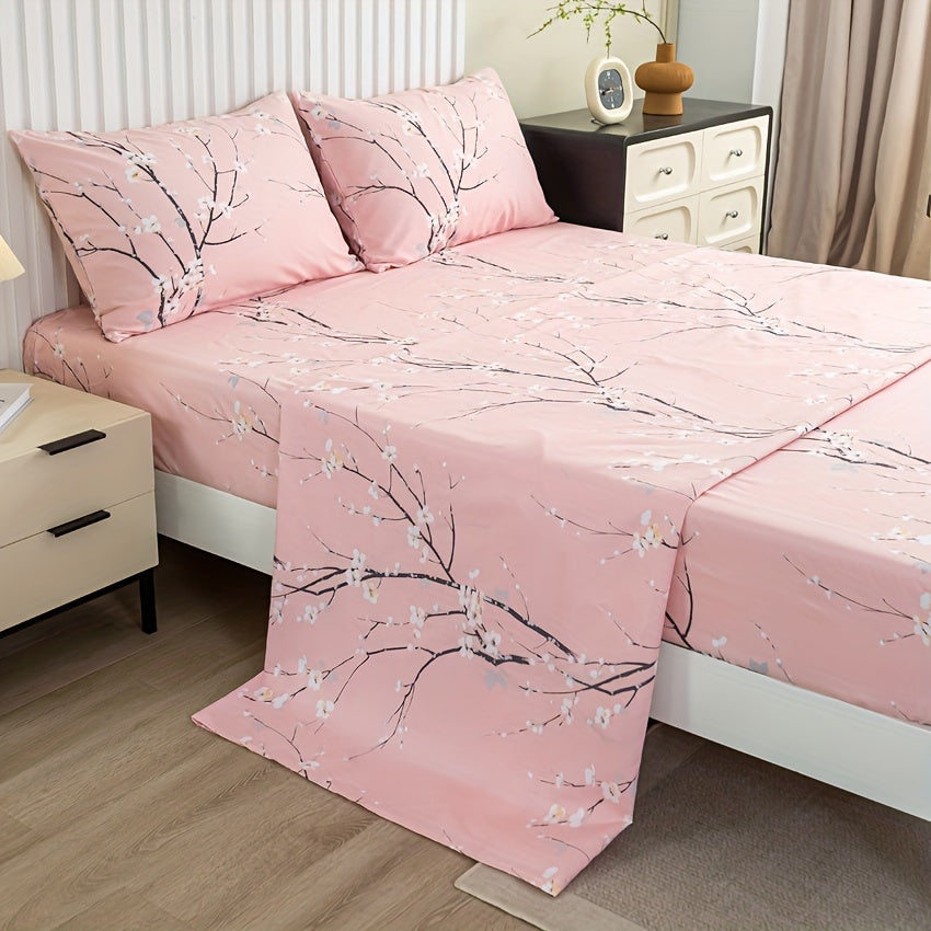 Floral Branch Microfiber Fitted Sheet Set with Deep Pockets and Pillowcases