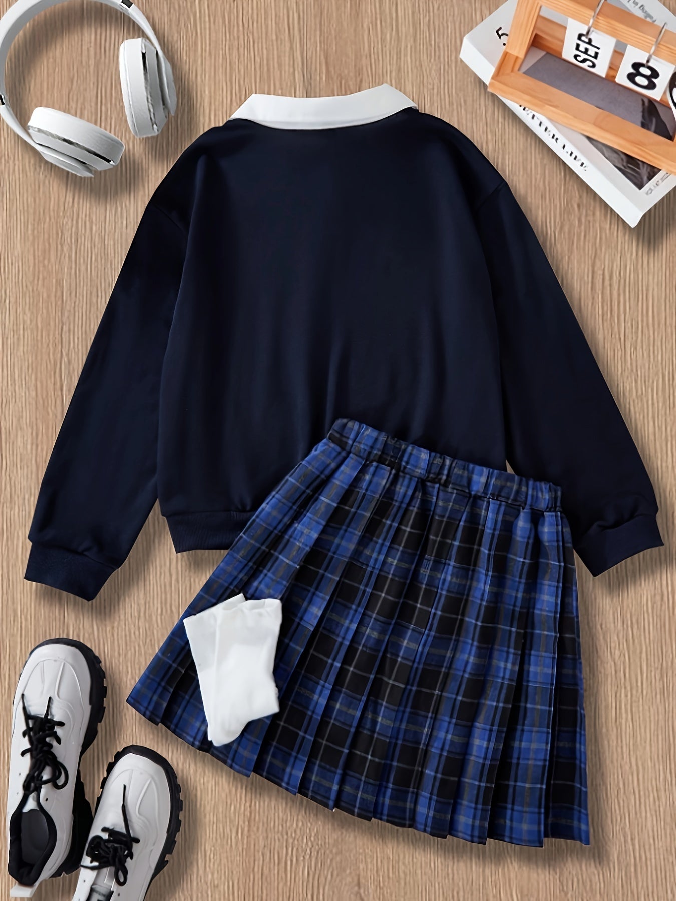 Girls Teen Fall Winter Polyester Sweatshirt and Plaid Skirt Set with Rib-Knit Detail