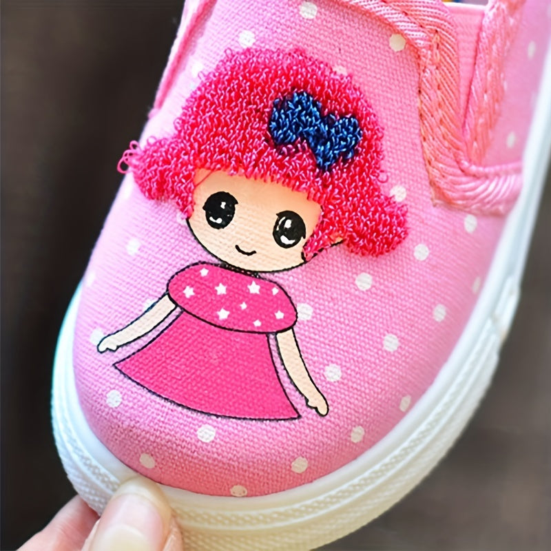 Girls' Pink Polka Dot Canvas Shoes with Cartoon Embroidery Breathable Lightweight for Spring and Fall
